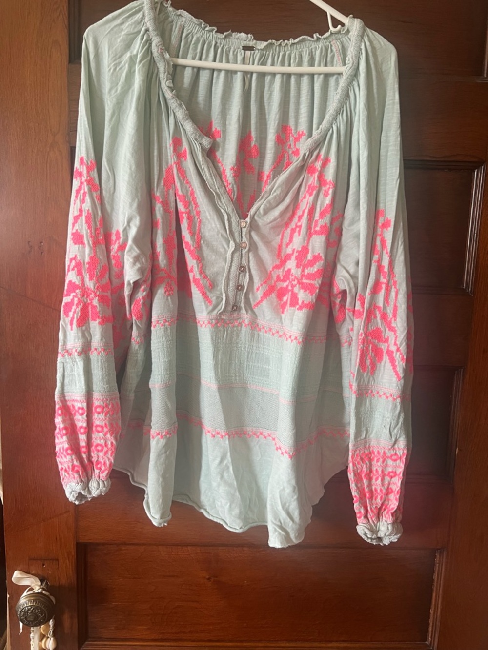 Free People Persuasion Mint Tunic Top with Neon Pink Floral Embroidery